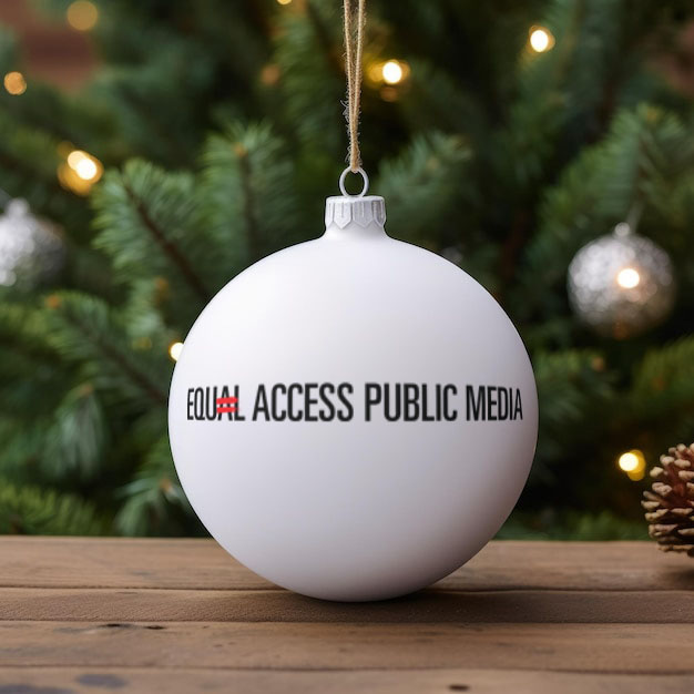 A white Christmas ornament featuring the Equal Access Public Media logo