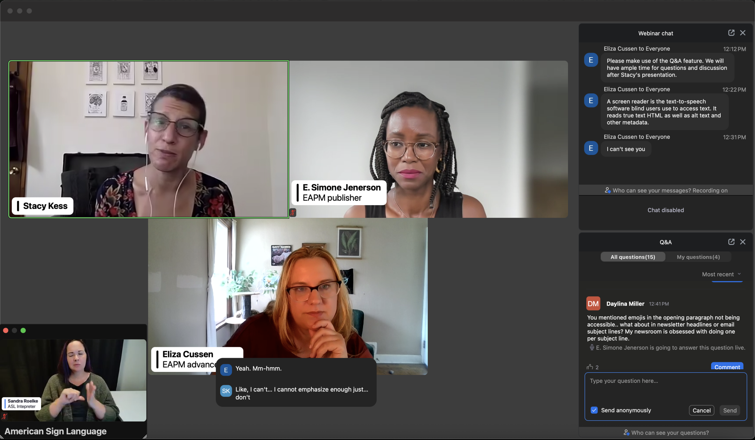 EAPM staff answer questions at a Zoom webinar June 18 while an ASL interpreter translates their answers.