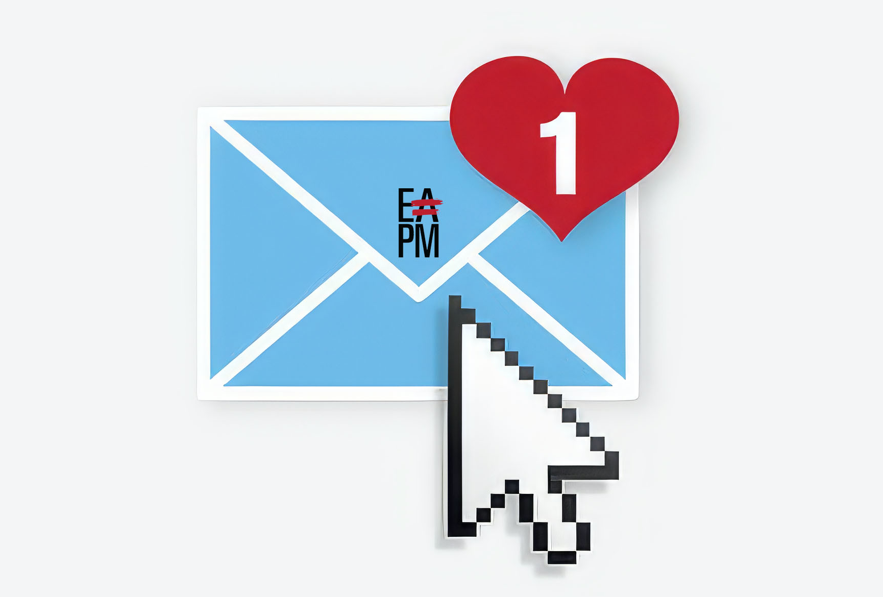 A blue email envelope with the EAPM logo and a red heart indicating one email with an 8-bit cursor hovering over it