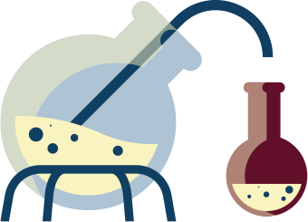 A cartoon glass beaker with a solution and pipette and small cartoon glass jar.