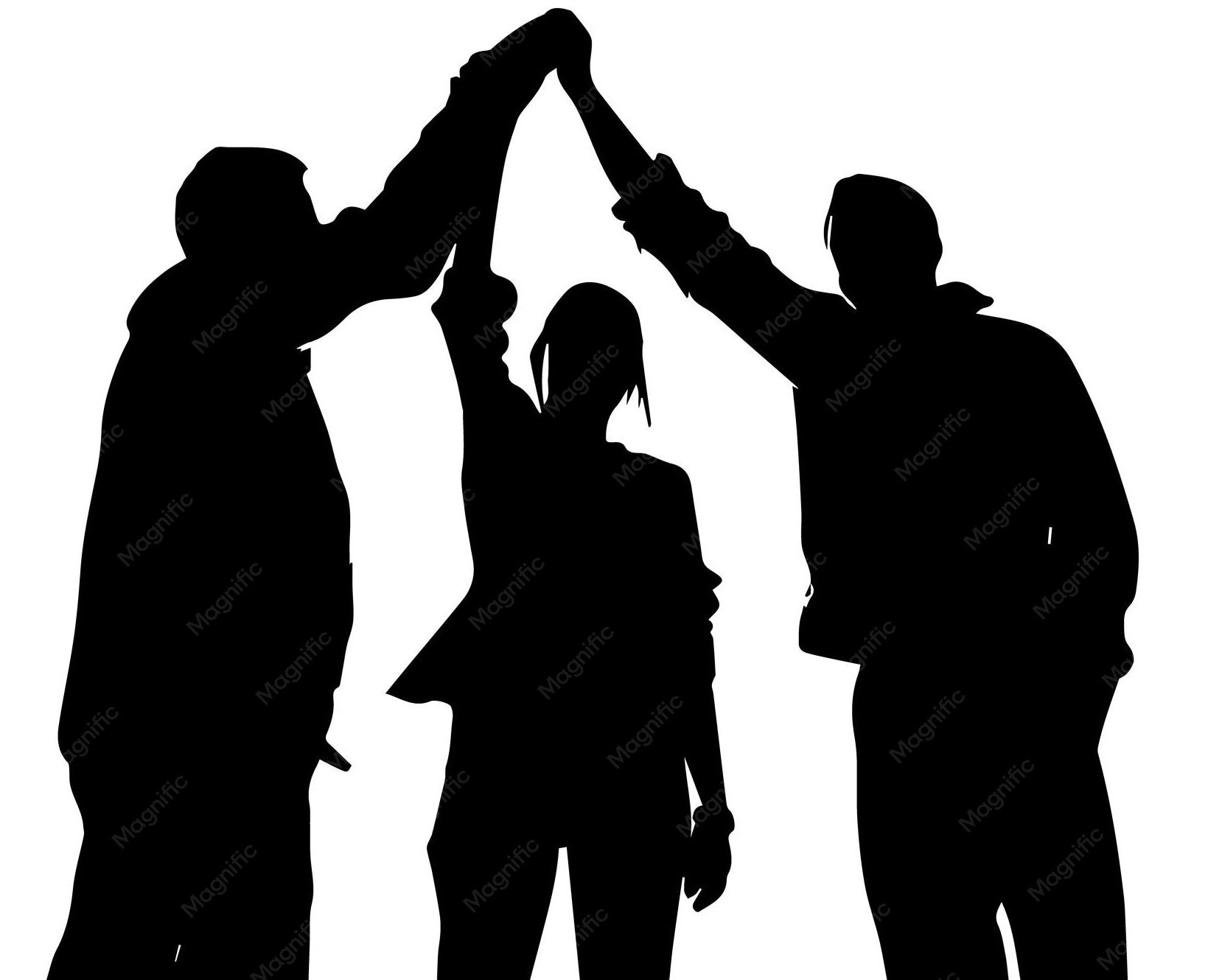 A silhouette of three people giving a high five